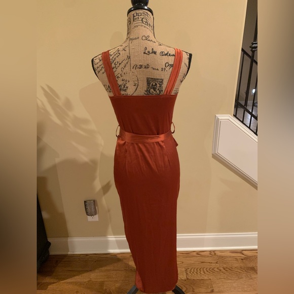 LYANER Satin V Neck Ruched Wrap Tie Waist Slit Hem Cocktail Midi Dress small - Picture 8 of 10